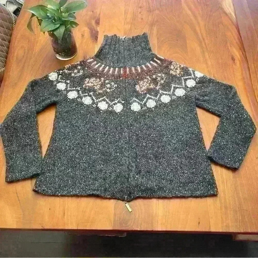 Vintage Wool Blend Boho/Bohemian Relaxed Fit Zip Up Grey Cardigan Sweater - Picture 11 of 13